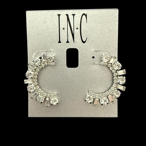 INC For Macy’s Silver-Tone Round and Baguette Crystal Curve Drop Earrings - Picture 1 of 3